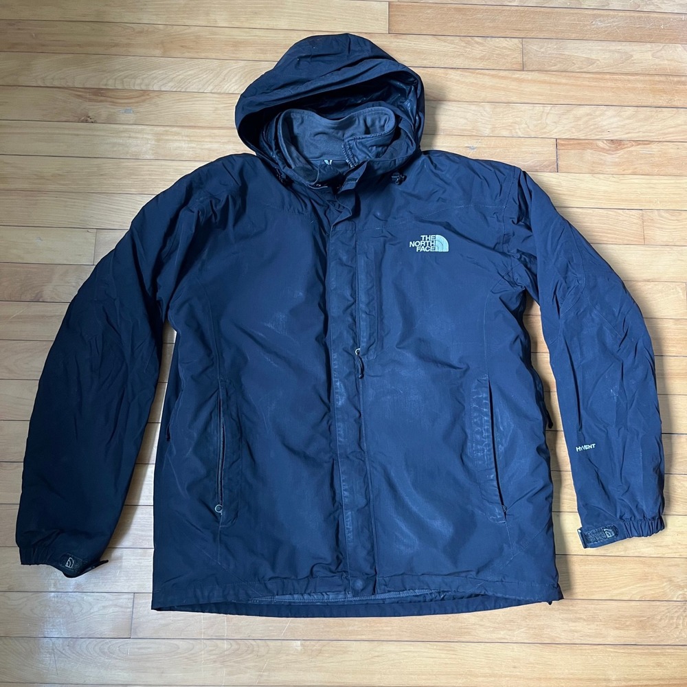 The North Face HyVent Hooded Jacket Mens Large Black Waterproof Rain Shell Coat
